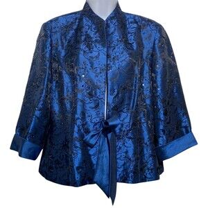 Kathy Roberts Jacket Womens 16 Blue Floral Brocade Tie Waist Sequin Evening